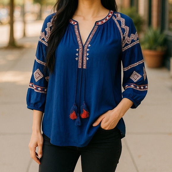 LOFT dark blue w/white & red embroidery tassel boho blouse | women's size small - Picture 1 of 6